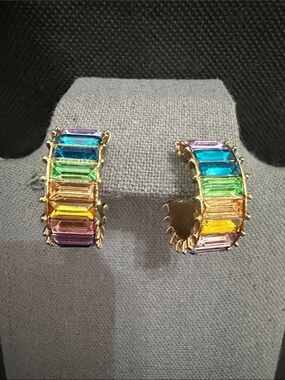 Gold-tone huggie vibrant rainbow baguette cut stone earrings